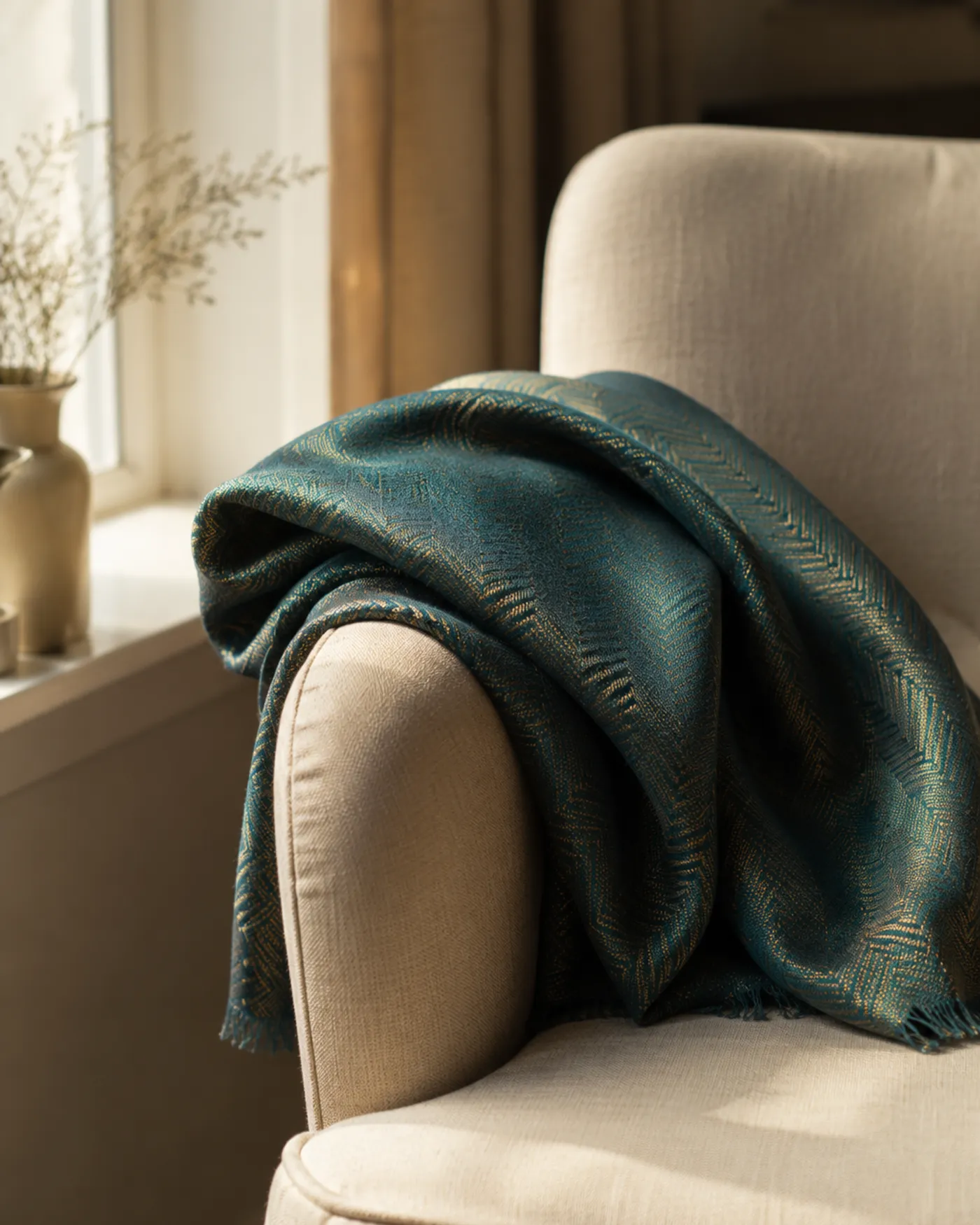 Una estola de mezcla en verde azulado y oro, con caída sobre el brazo de un sillón de lino junto a una ventana