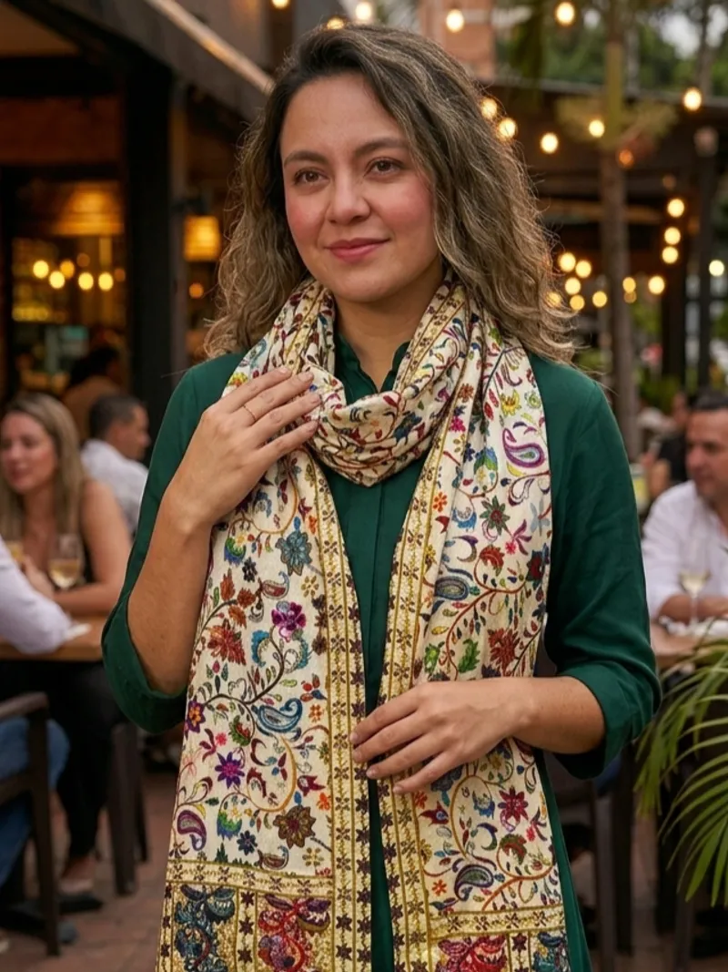 Una estola floral doblada a lo largo y pasada en lazo por detrás del cuello, con los extremos por dentro